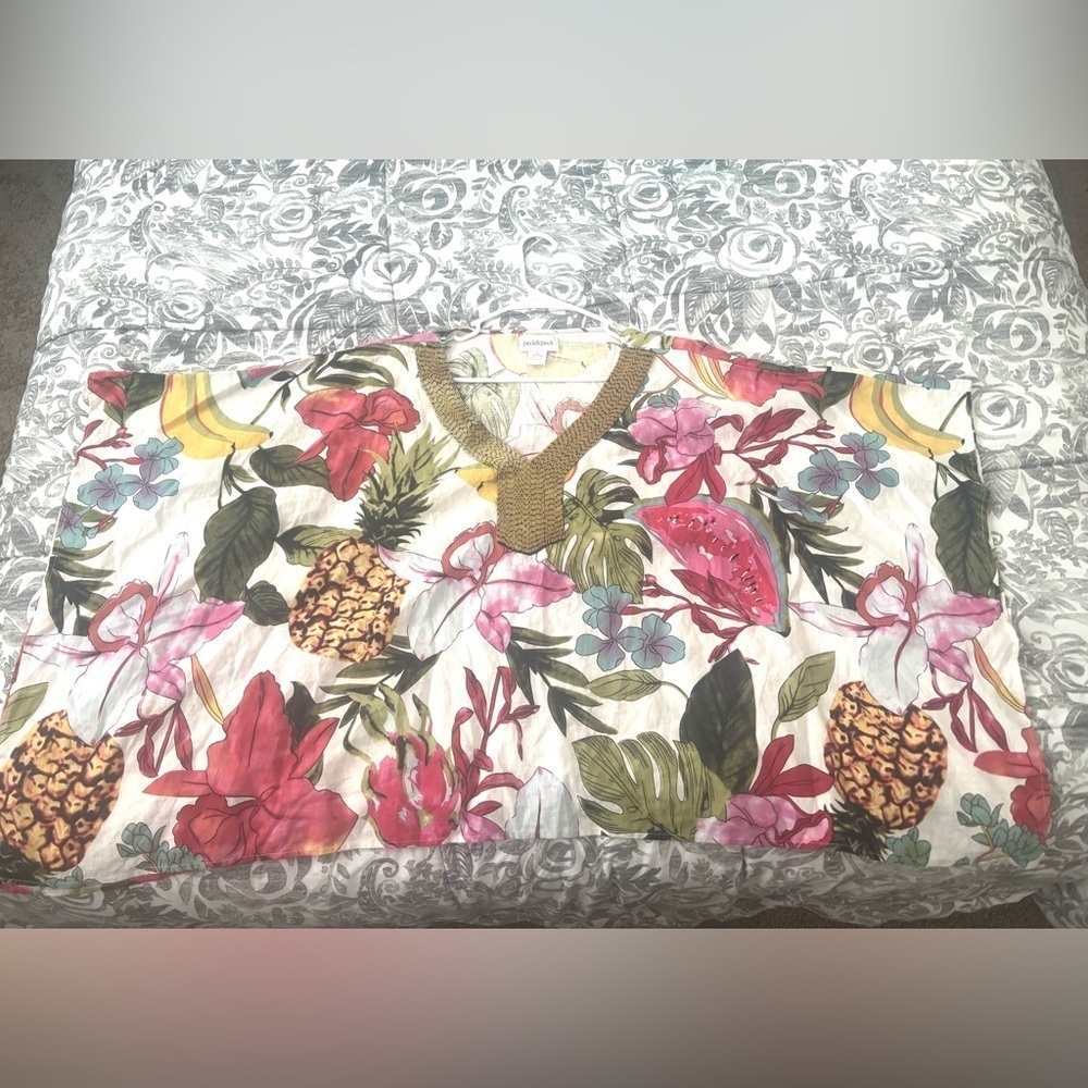 Tropical Blouse Women’s XL Linen Bloomcore Bat Sleeves Pineapple Palms Beaded - Picture 7 of 7